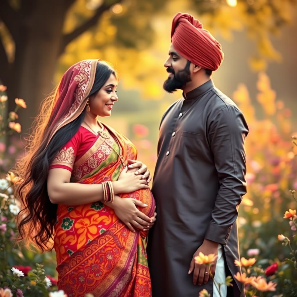 A touching scene depicting a Hindu pregnant woman and her Muslim husband, showcasing their deep love and connection