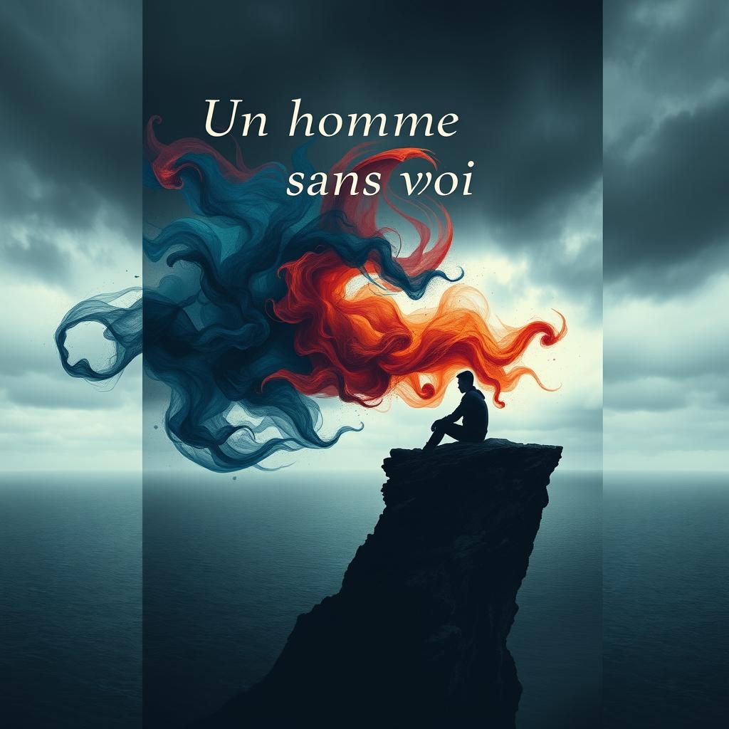 A book cover design in A4 format for a poetry collection titled "Un homme sans voi" (A Man Without a Voice), centered around themes of depression, self-knowledge, and introspection
