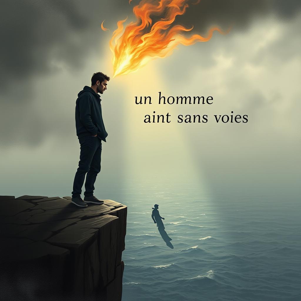 A realistic A4 book cover design for a poetry collection titled "Un homme sans voix" (A Man Without a Voice), focusing on themes of depression, self-knowledge, and introspection