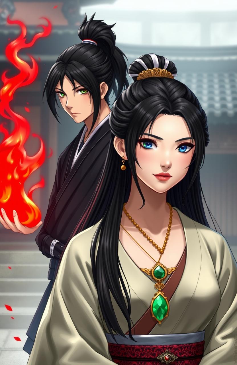 A Japanese princess in traditional imperial attire stands in the foreground