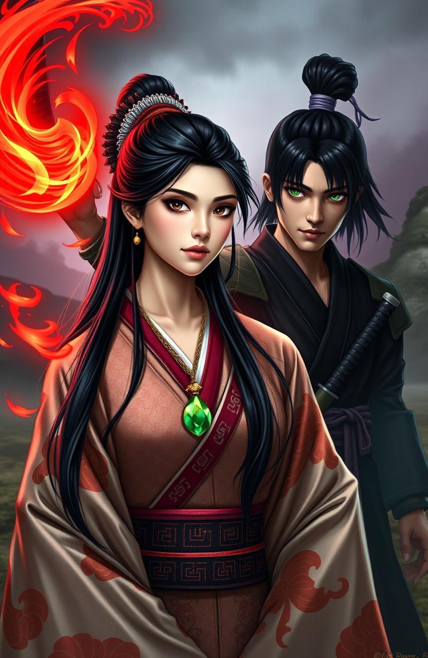 In a captivating scene from a fantasy book titled 'Dagger of Shadows', set in the 'Empire of Deceit' series, a Japanese princess stands in the foreground