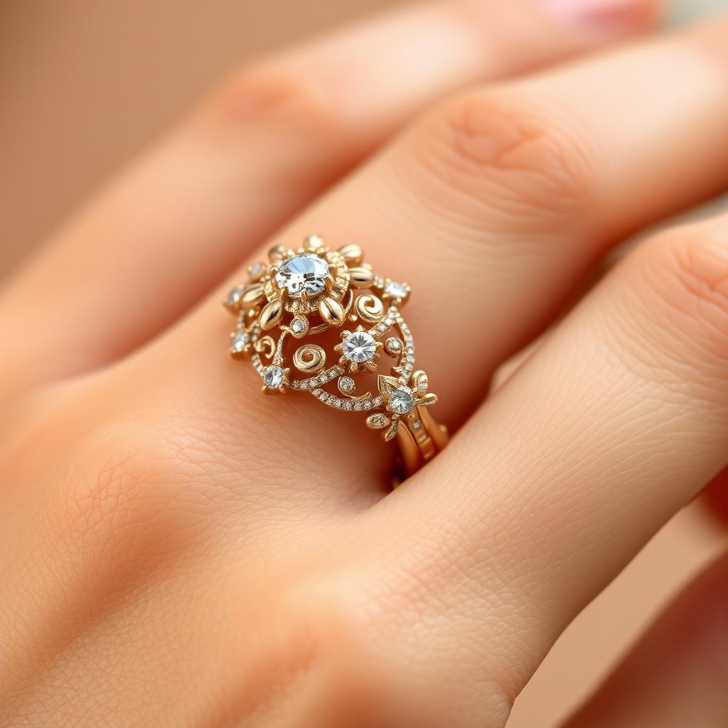 A close-up view of a beautifully designed ring set on a human finger