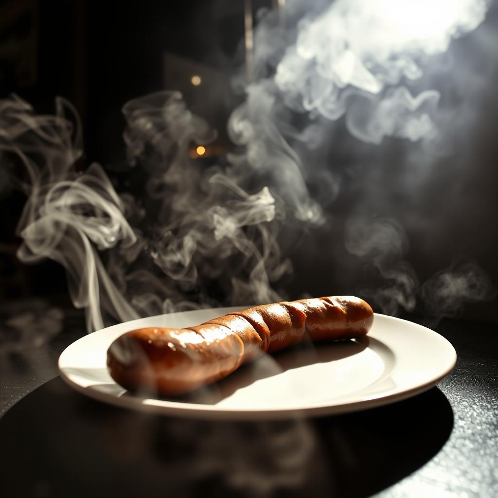 A focused view of a sizzling sausage heating on a white plate, surrounded by a hazy atmosphere filled with swirling smoke