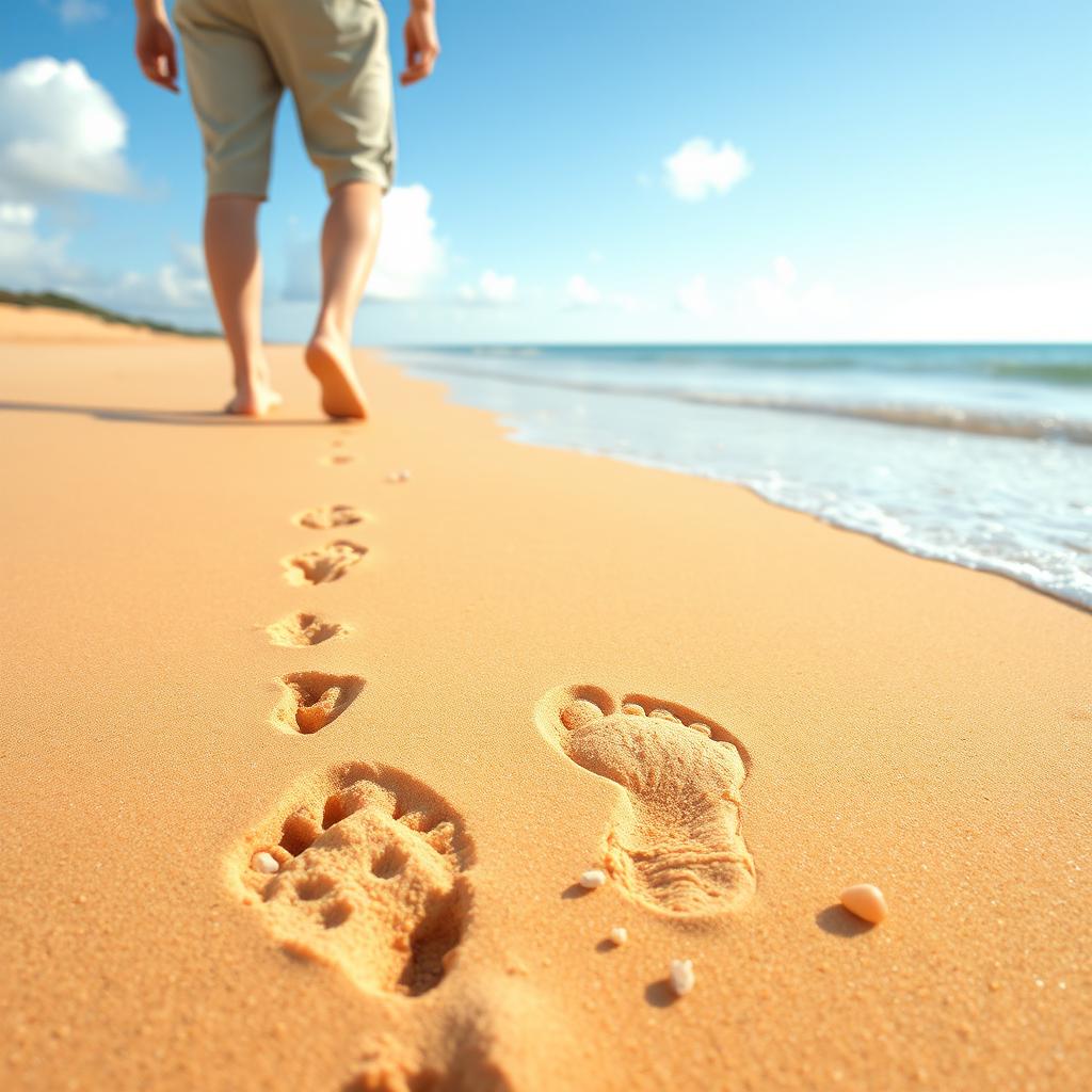 A serene beach landscape featuring only the footprints of a father and child walking along the shore