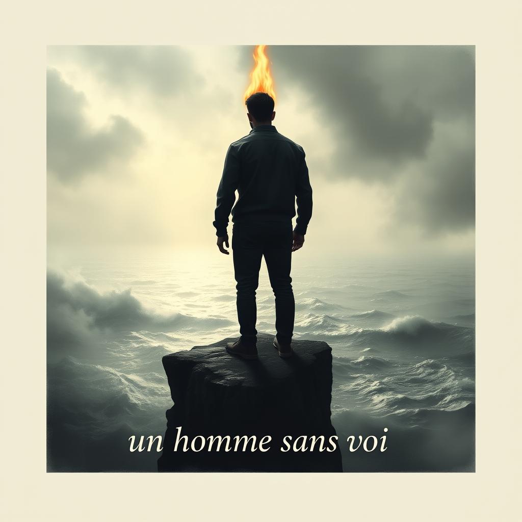 A realistic A4 book cover design for a poetry collection titled "un homme sans voi" (A Man Without a Voice), focusing on themes of depression, self-knowledge, and introspection