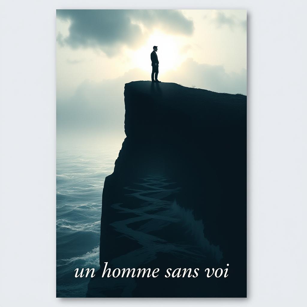 A book cover design in A4 format for a poetry collection titled "un homme sans voi" (A Man Without a Voice), exploring themes of depression, self-knowledge, and introspection