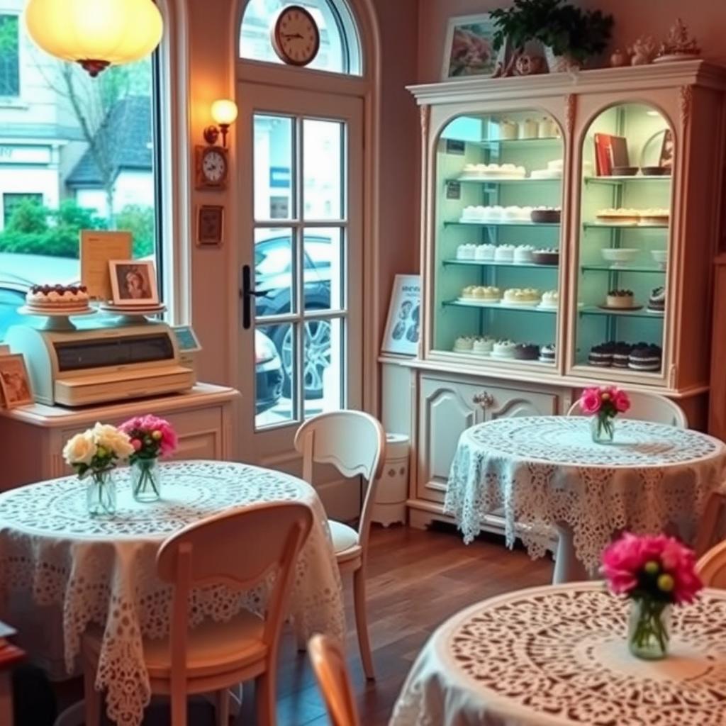 A charming and cozy interior of a cute cake shop, featuring a beautiful display cabinet filled with an array of delightful cakes and desserts