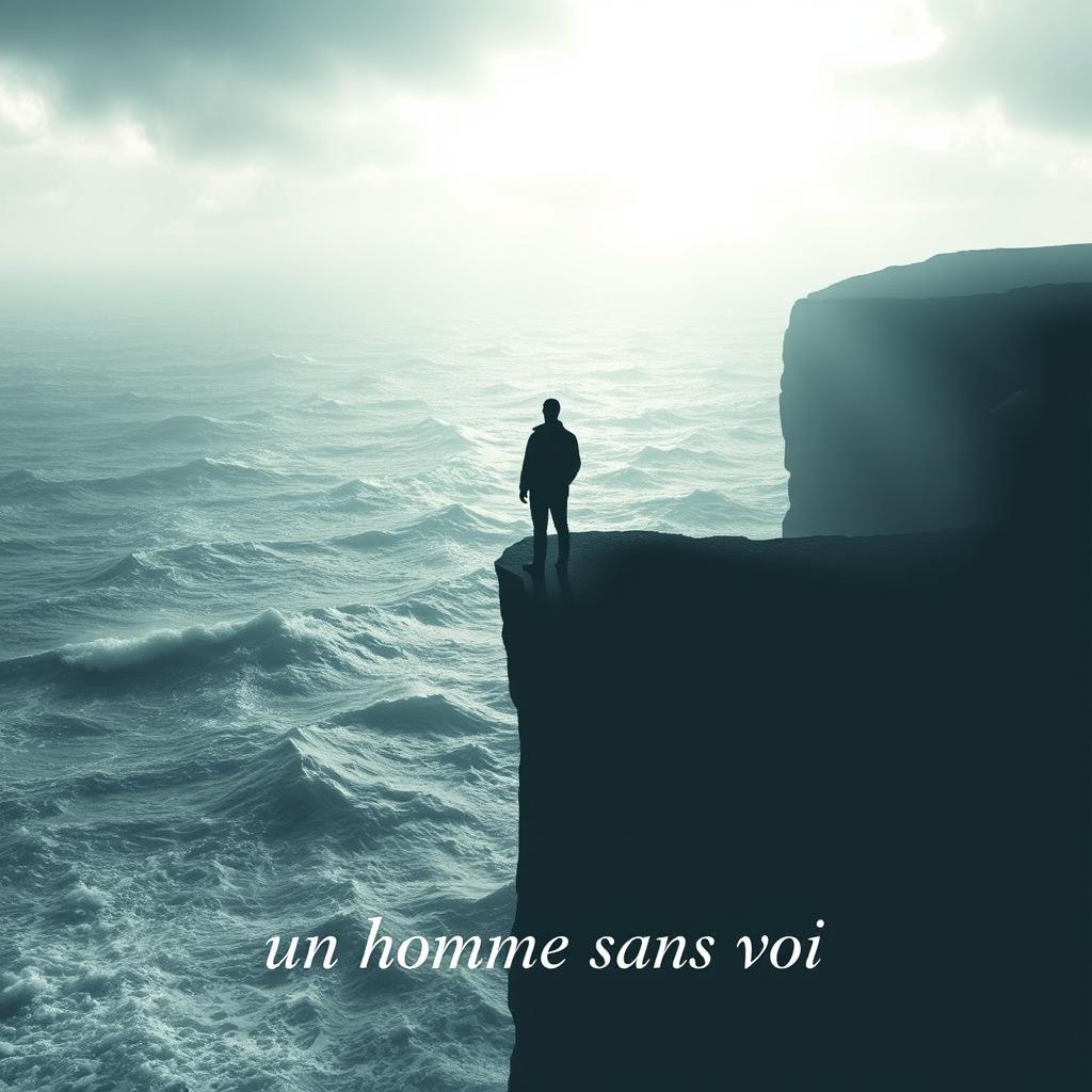 A book cover design in A4 format for a poetry collection titled "un homme sans voi" (A Man Without a Voice), focusing on themes of depression, self-knowledge, and introspection