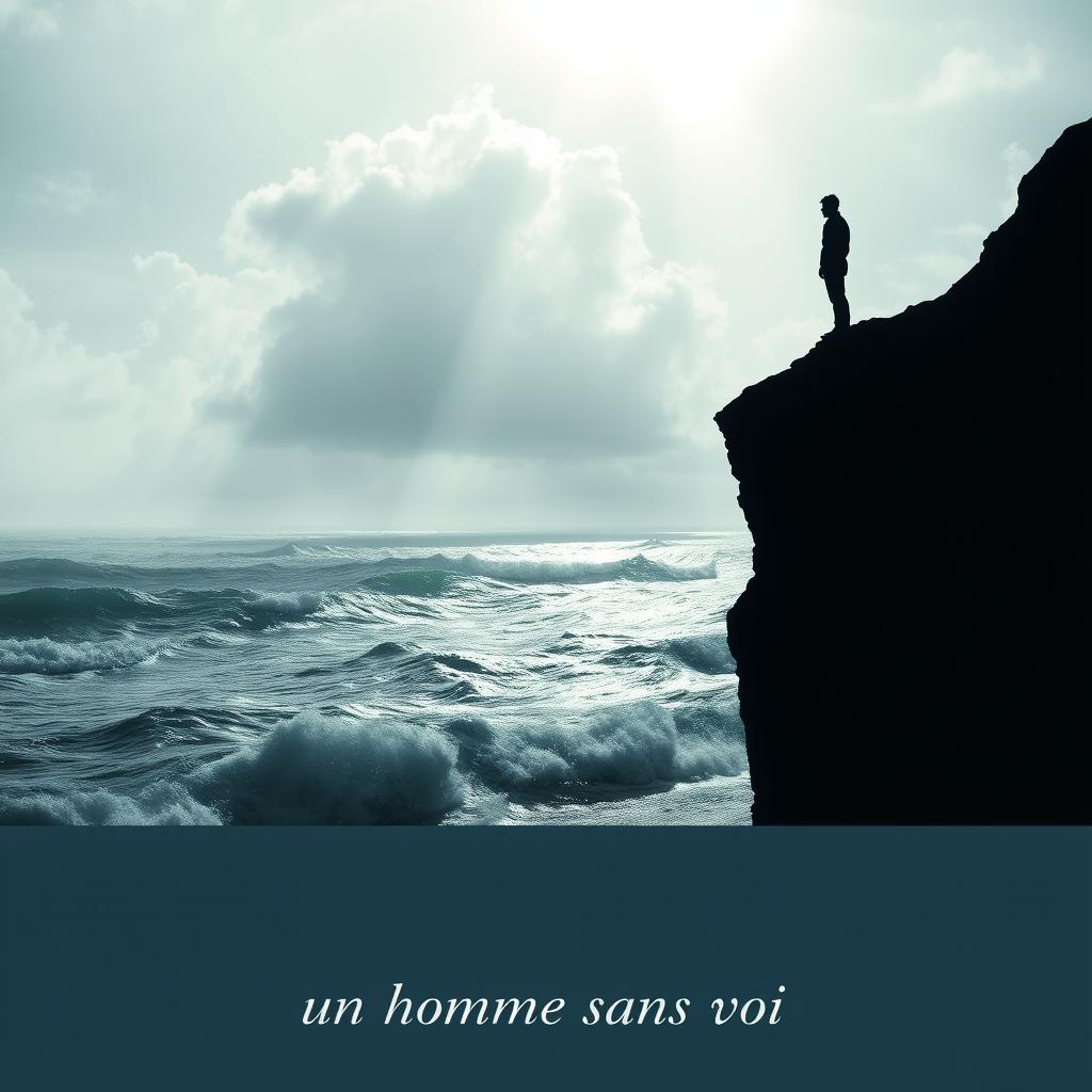 A captivating A4 book cover design for a poetry collection titled "un homme sans voi" (A Man Without a Voice), delving into themes of depression, self-knowledge, and introspection