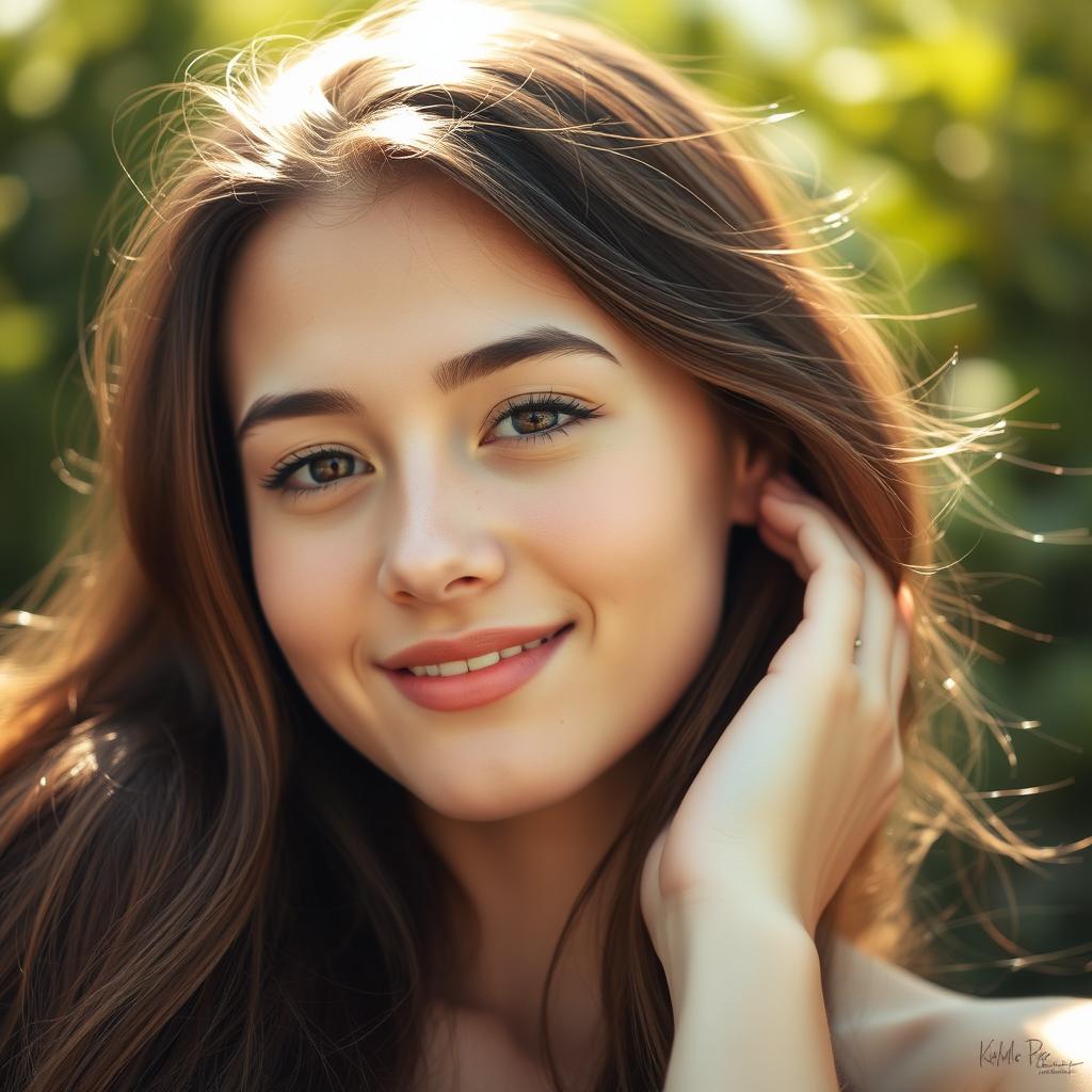 A close-up portrait of a young woman with long flowing hair, relaxing in a serene outdoor setting