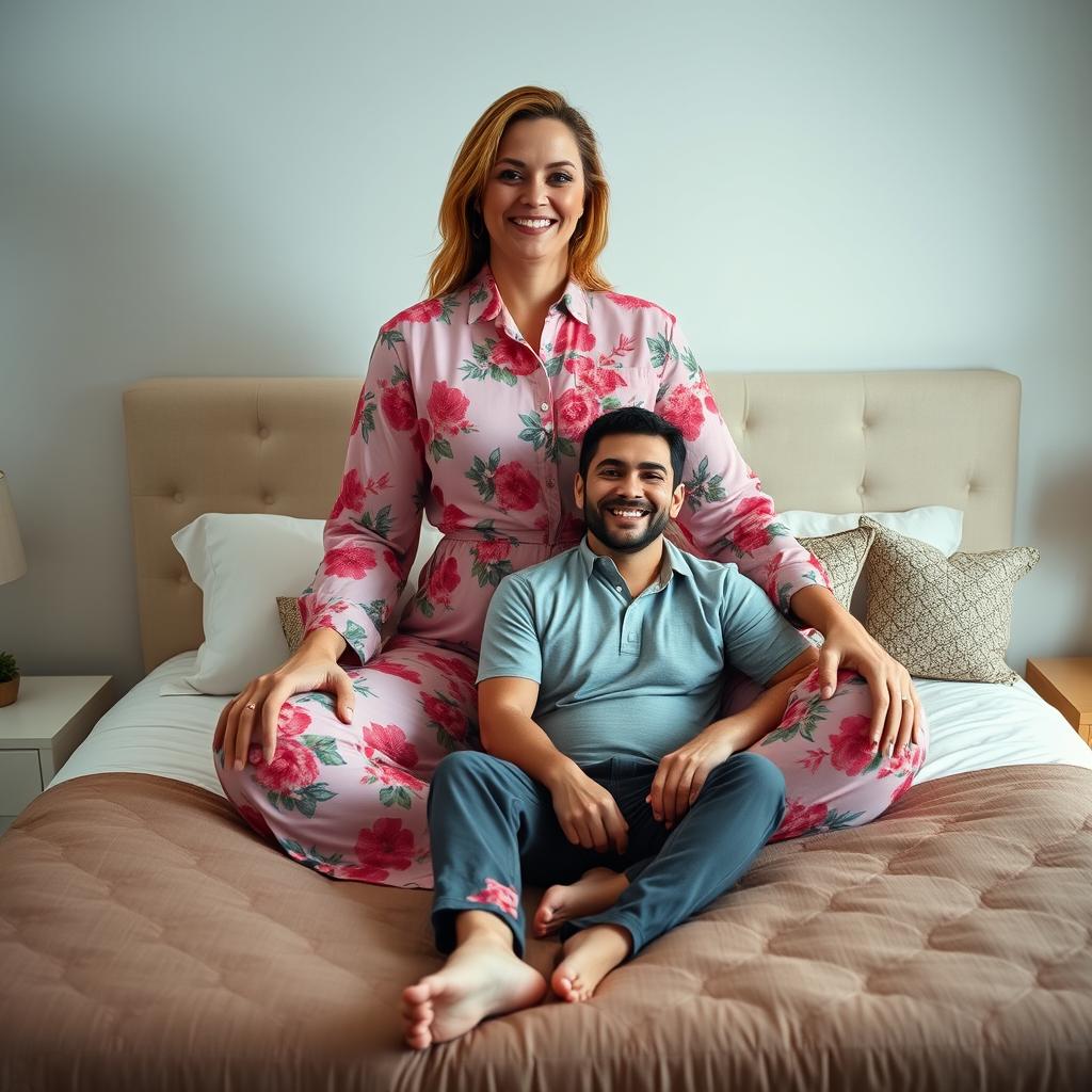 A giant woman sitting gracefully on a bed, wearing a snug pink floral jumpsuit, showcasing vibrant patterns