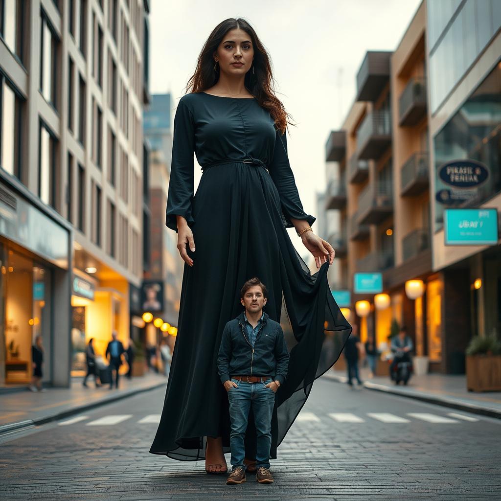 A giant Iranian woman standing confidently on a modern street, wearing an elegant black dress that flows with her movements