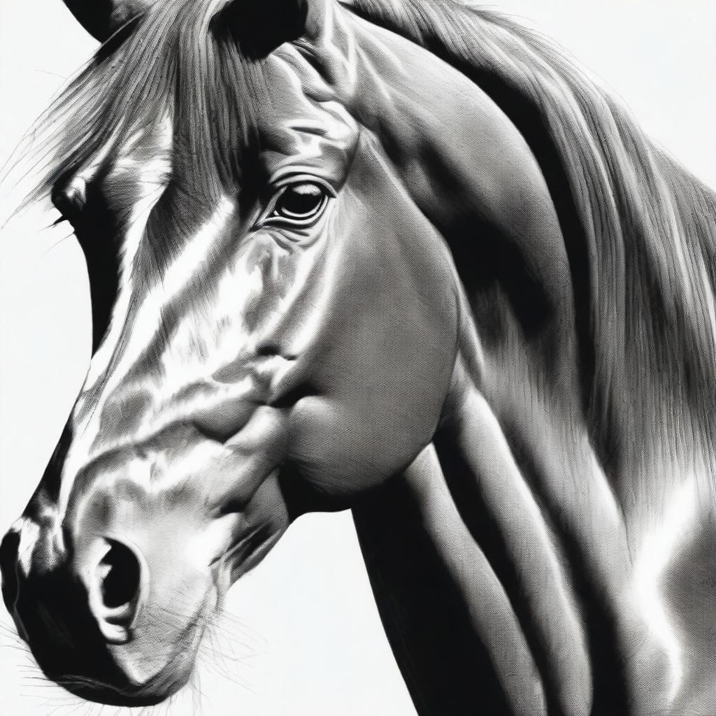 This is a striking black and white pencil drawing of a horse's face