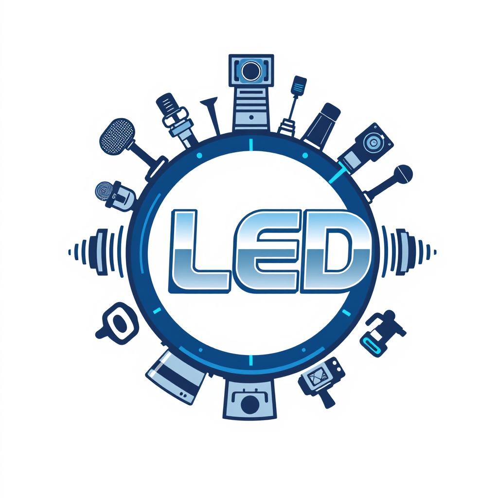A round logo design for an audiovisual equipment rental company for events, incorporating visual elements of various equipment such as microphones, cameras, and speakers