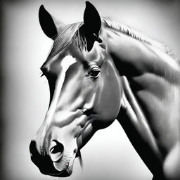 This is a striking black and white pencil drawing of a horse's face