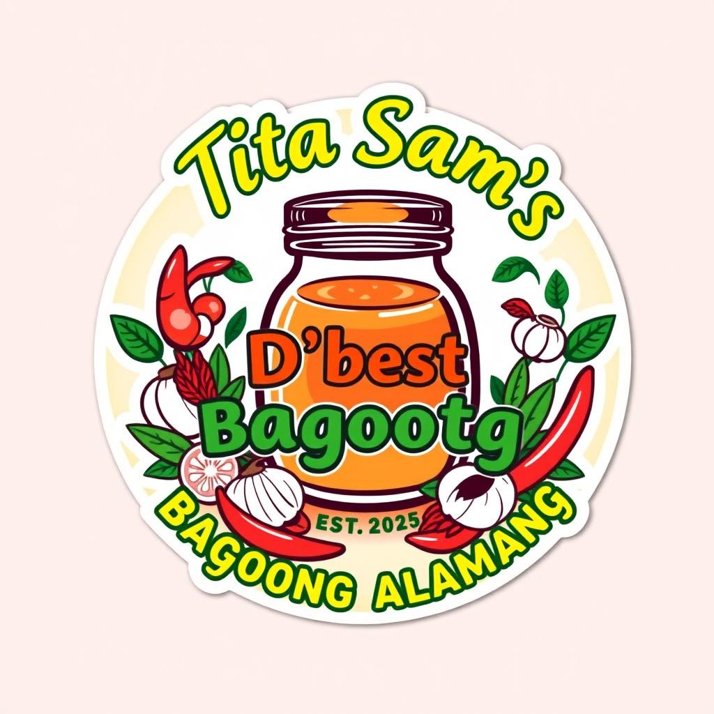 A logo sticker design for "Tita Sam's D'best Bagoong Alamang EST 2025"