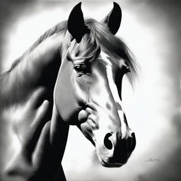 This is a striking black and white pencil drawing of a horse's face