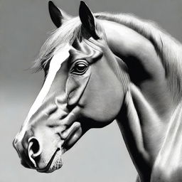 This is a striking black and white pencil drawing of a horse's face