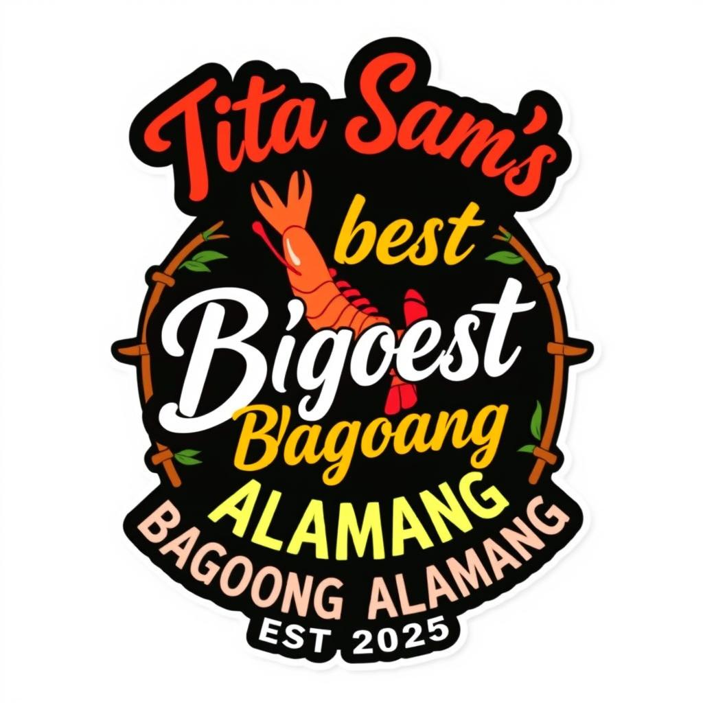 A vibrant and colorful logo sticker design featuring the text 'Tita Sam's D'best Bagoong Alamang EST 2025'