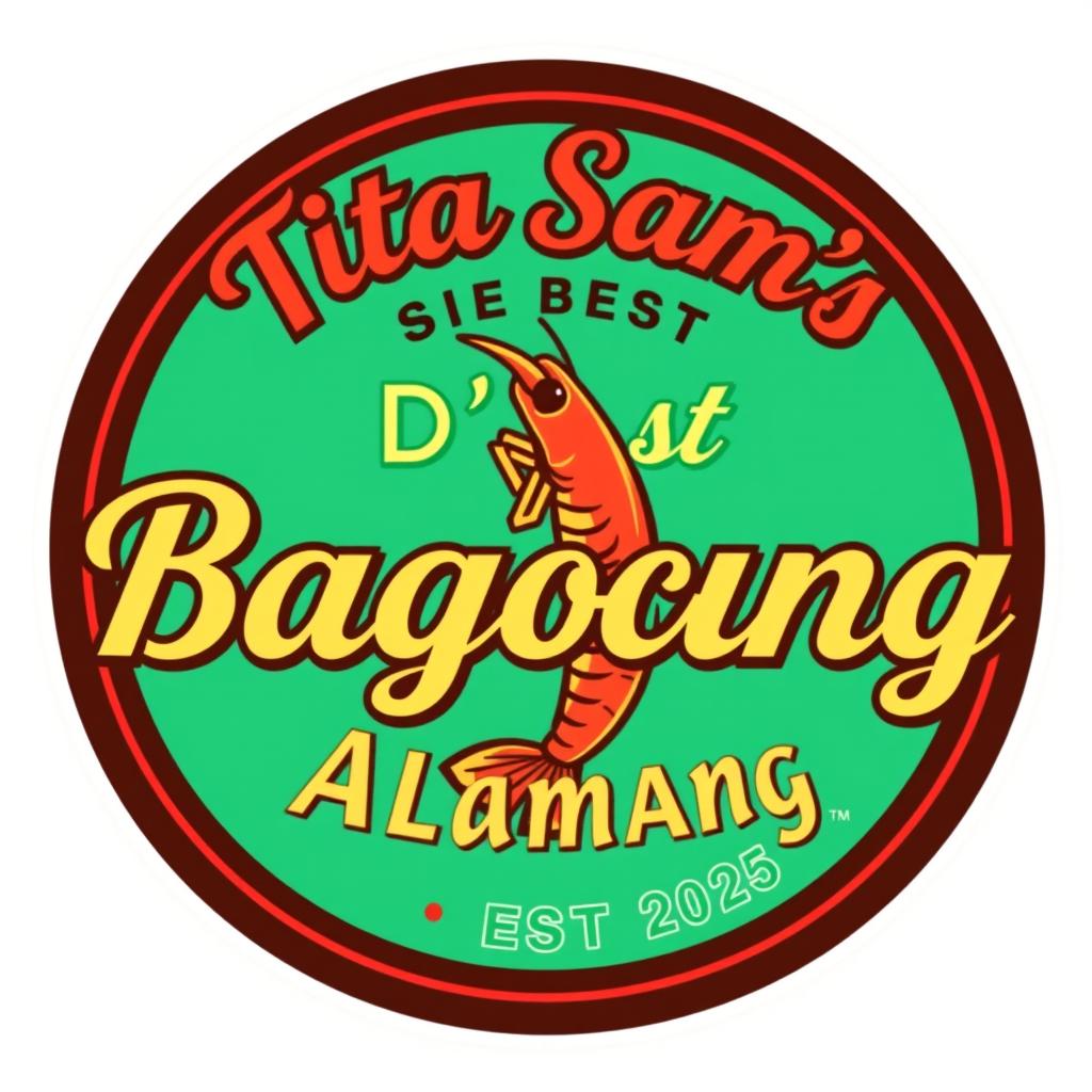 A vibrant and eye-catching logo sticker design featuring the text 'Tita Sam's D'best Bagoong Alamang EST 2025'
