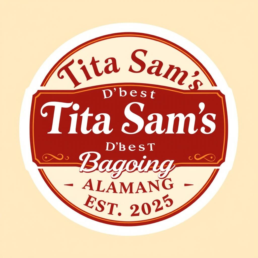 A classic logo sticker design featuring the name "Tita Sam's D'best Bagoong Alamang" in an elegant and timeless font