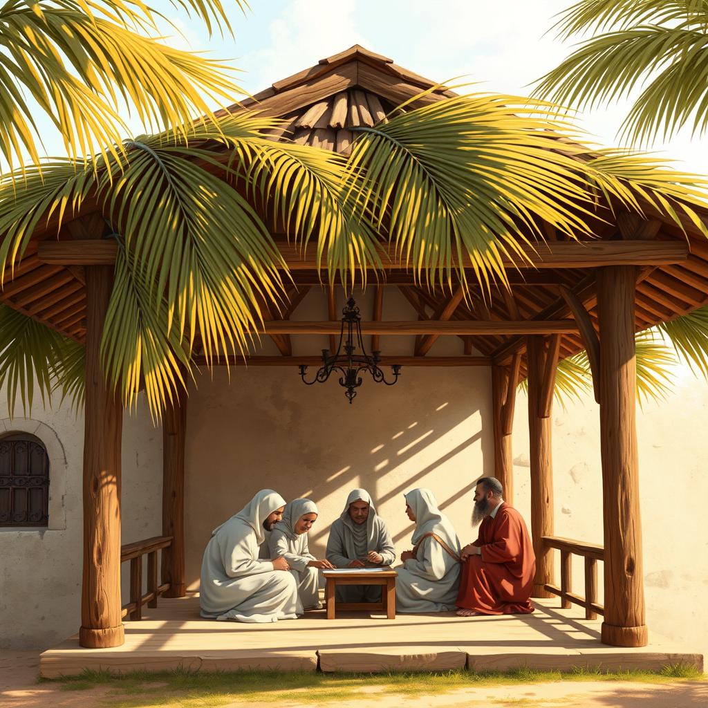 A realistic depiction of the Saqifa of Bani Sa'ida, illustrating a porch adorned with palm leaves and wooden beams that reflect traditional simple Arabic architecture