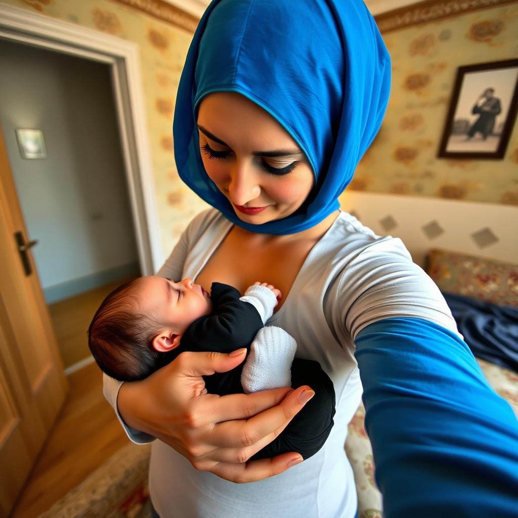 A high-quality selfie of a mother breastfeeding her baby in a cozy Iranian bedroom