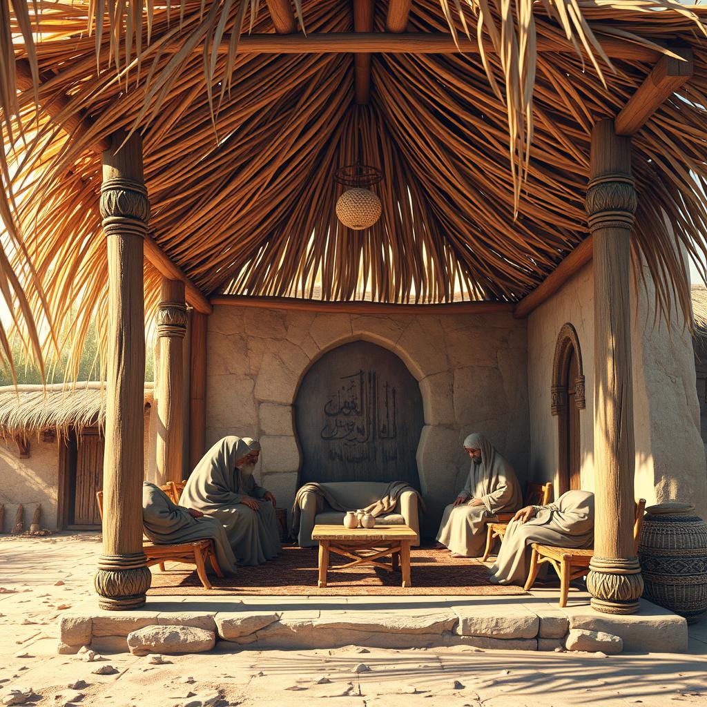 A realistic depiction of the Saqifa of Bani Sa'ida, featuring a porch covered with dry palm leaves and crafted from palm wood, showcasing simple Arabic architecture