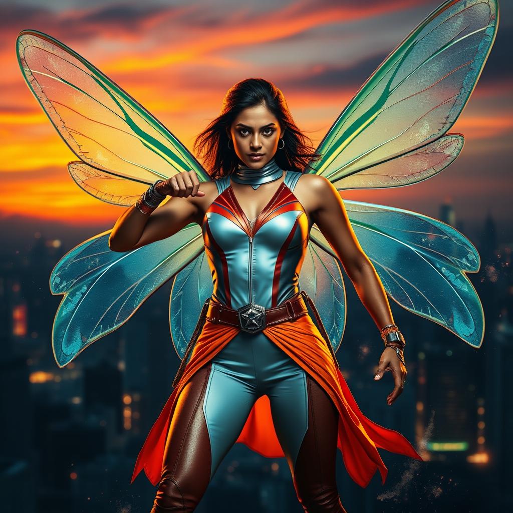 A dramatic superhero action movie poster featuring a 27-year-old Indian woman mutant with long, colorless butterfly wings