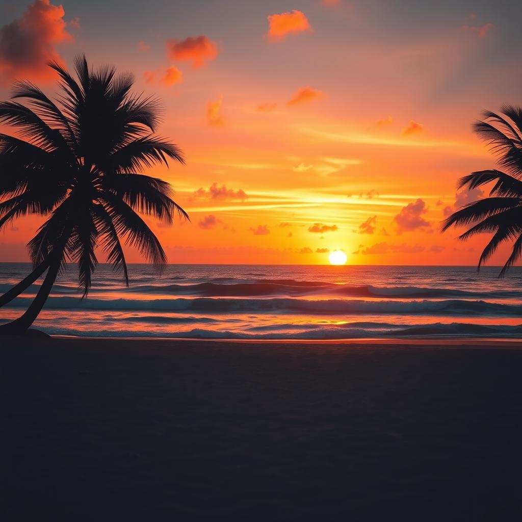 A breathtaking scene of the last sunset on a serene beach, where vibrant hues of orange, pink, and purple blend seamlessly in the sky