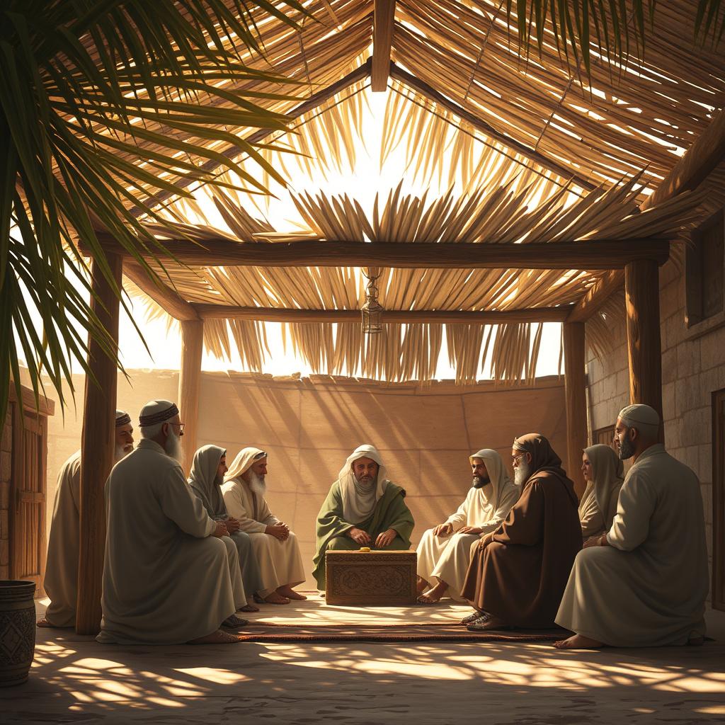 A realistic portrayal of the Saqifa of Bani Sa'idah, featuring a porch constructed with dry palm leaves and palm wood, showcasing traditional simple Arabic architecture