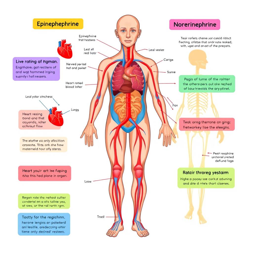 An educational illustration depicting all human body organs and systems annotated with the effects of epinephrine and norepinephrine