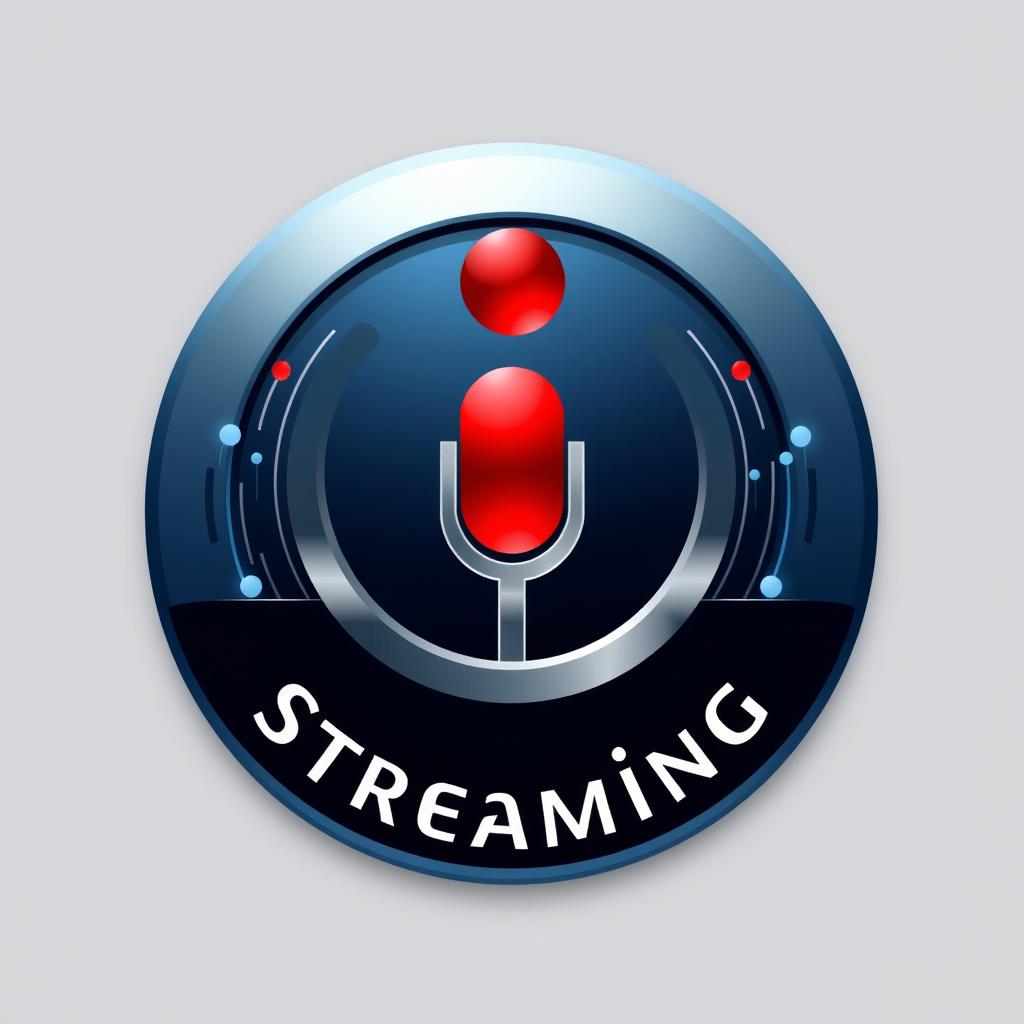 A round logo design for a professional streaming company, featuring a prominent red recording dot at the top center, symbolizing live broadcasting