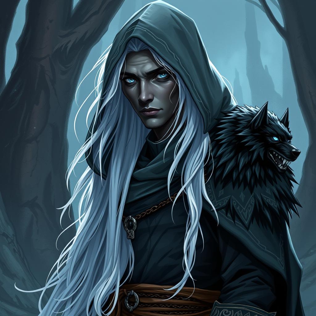 A full-body illustration of a dark-skinned Tiefling character with striking blue eyes and long white hair