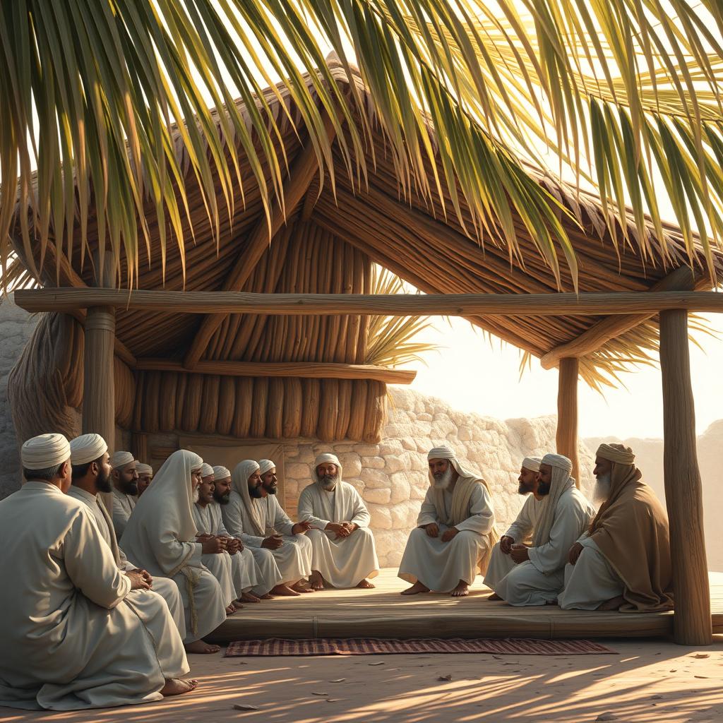 A realistic depiction of the Saqifa of Bani Sa'idah, showcasing a porch constructed with dry palm leaves and palm wood, representative of simple Arabic architecture
