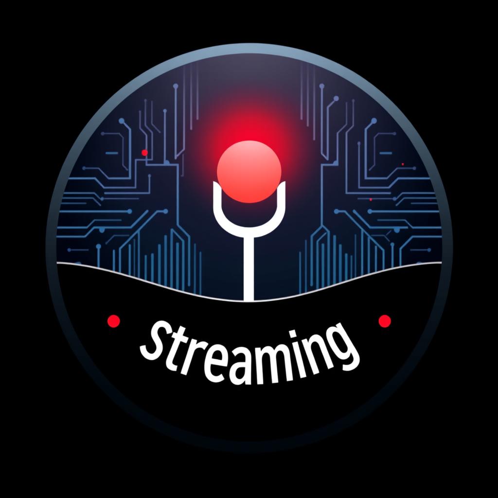 A round logo design for a professional streaming company, featuring a striking red recording dot prominently displayed at the top center