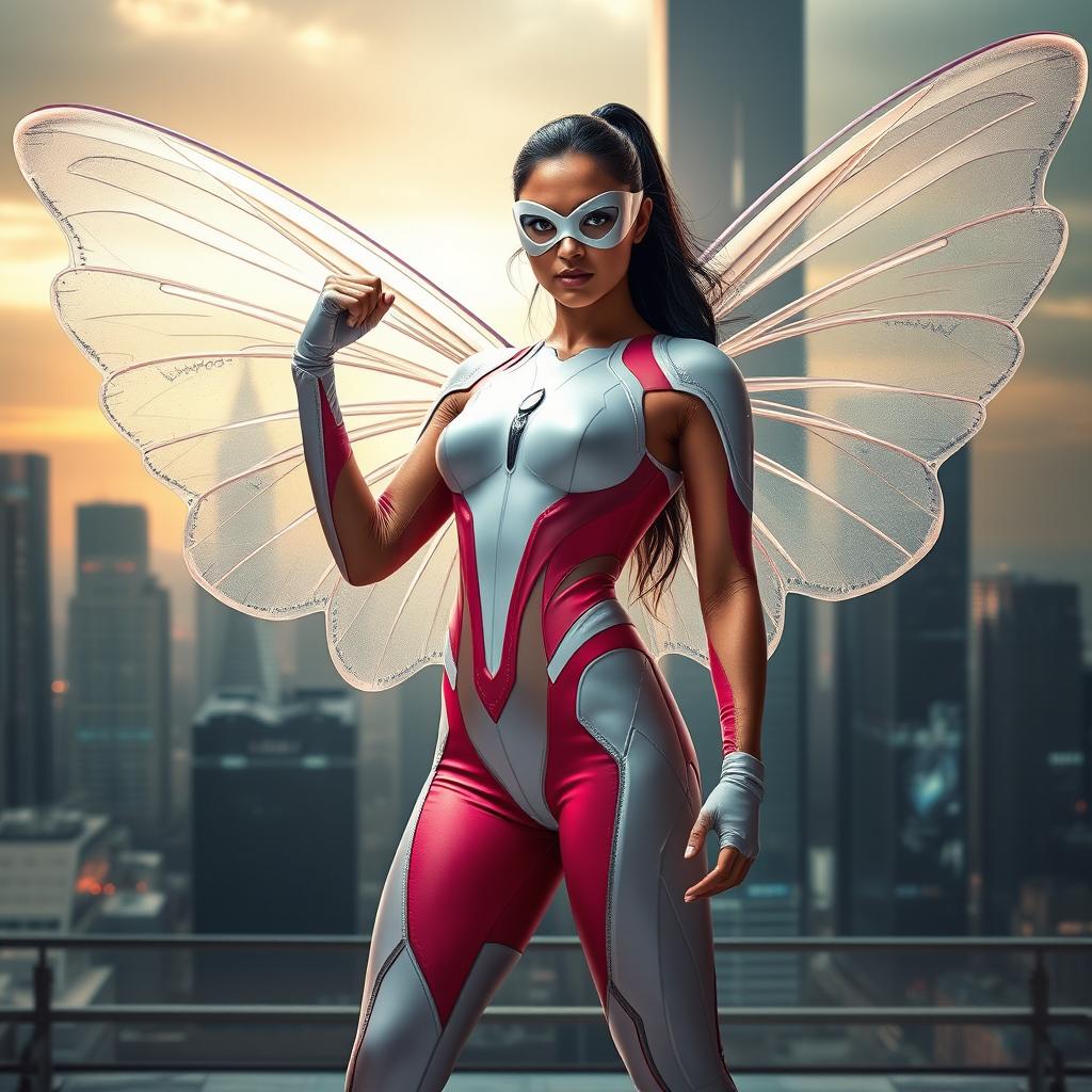 A captivating superhero action movie poster featuring a 27-year-old Indian woman mutant showcasing her superpowers