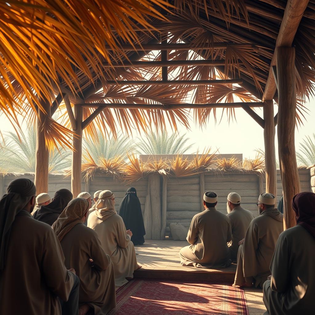 A realistic image of the Saqifa of Bani Sa'idah, portraying a porch adorned with dry palm leaves and constructed from palm wood, representing simple Arabic architecture