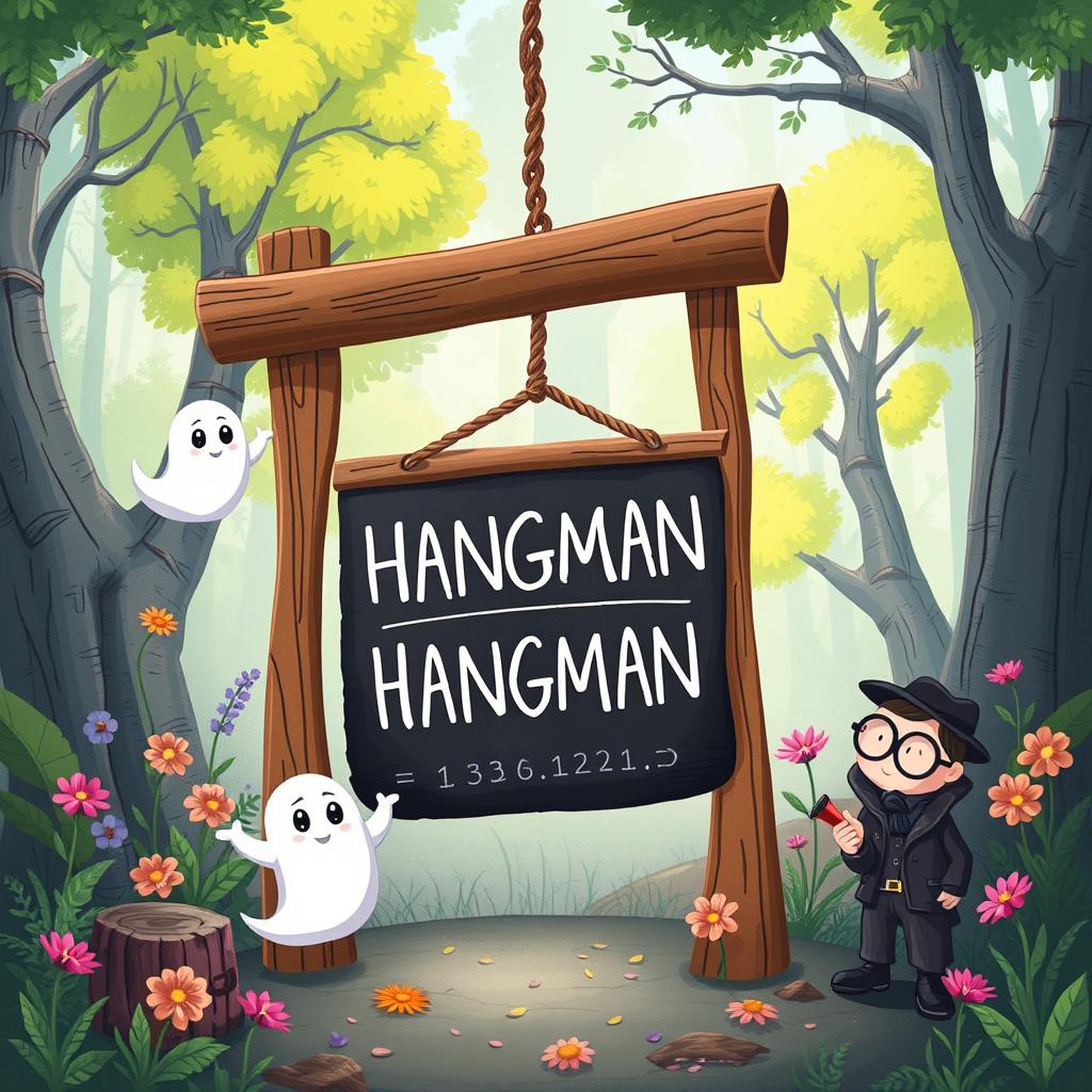A whimsical and colorful illustration of an artistic interpretation of the classic game of Hangman, featuring a rustic wooden gallows with the word 'HANGMAN' partially filled out with letters on a chalkboard