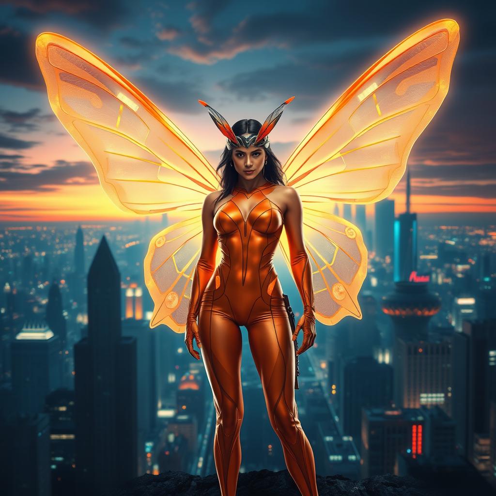 A stunning superhero action movie poster featuring a 27-year-old Indian woman mutant showcasing her butterfly powers