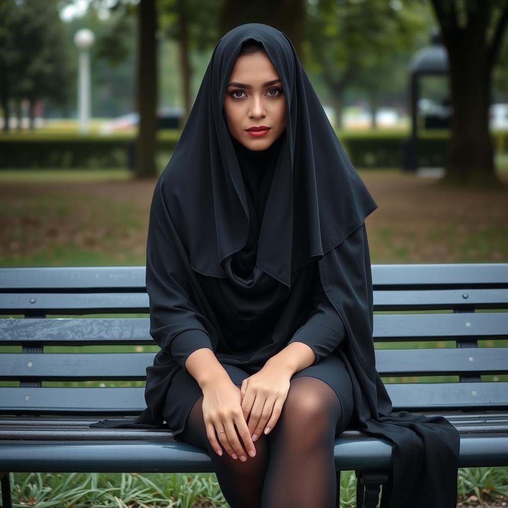 A woman in a traditional black chador, elegantly draping over her head and body
