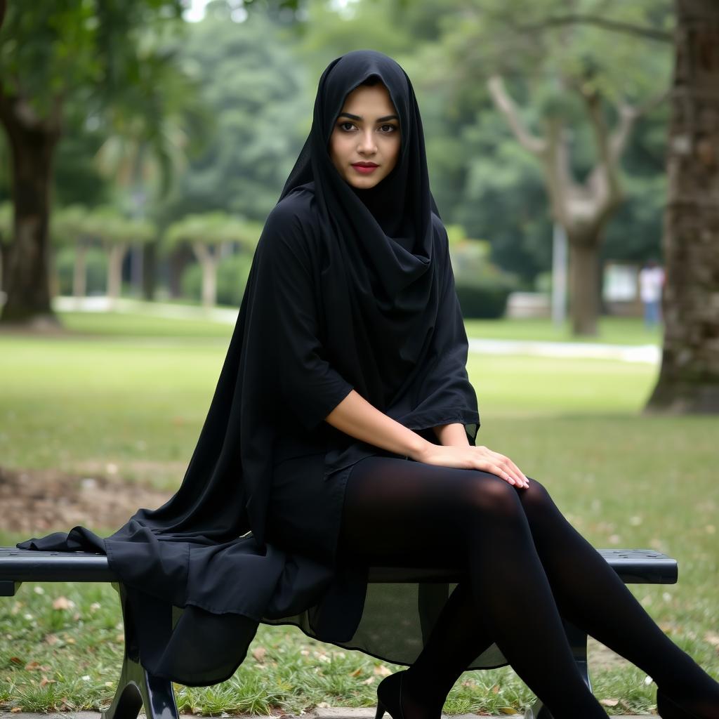 A woman dressed in a traditional black chador, gracefully draping over her head and body