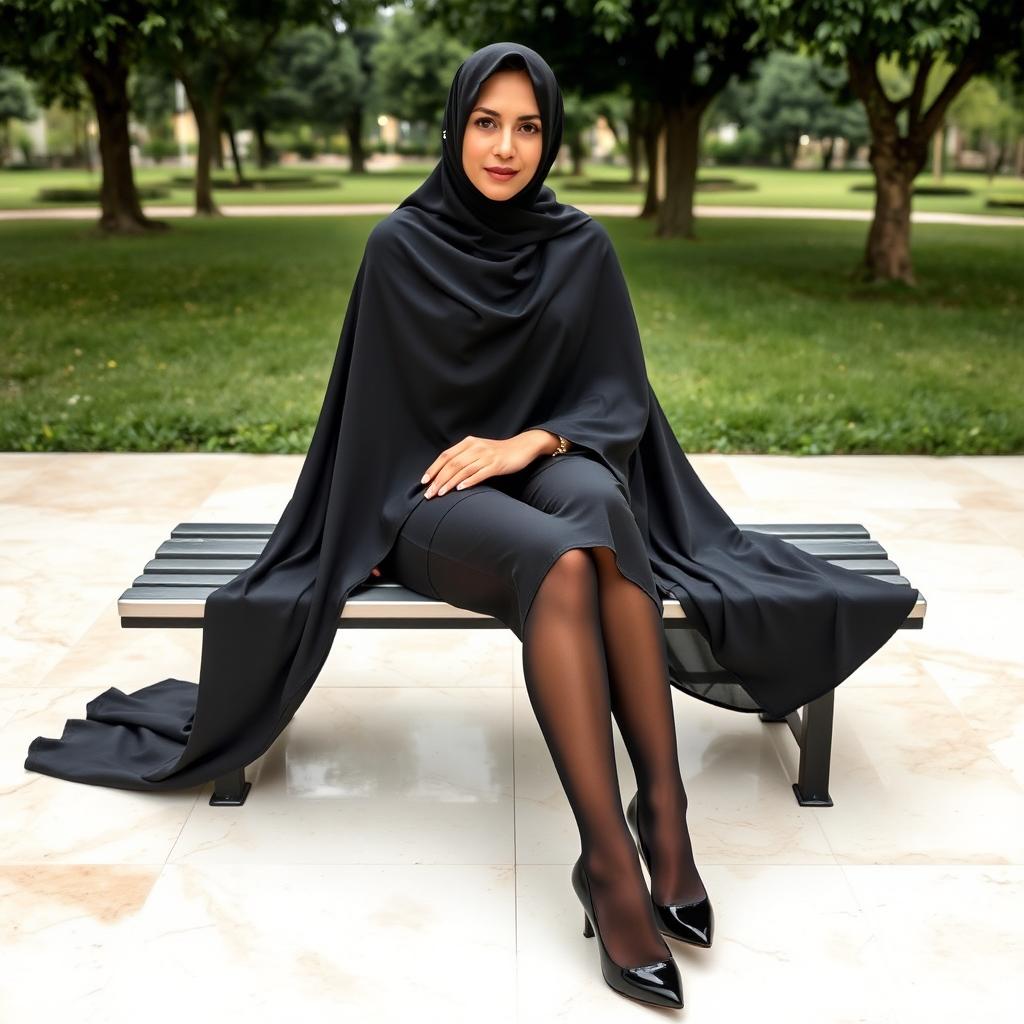 A woman elegantly wearing a black chador that covers her head and body, complemented by black tights and fashionable black high heels