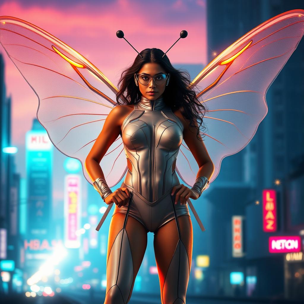 A dynamic superhero action movie poster featuring a 27-year-old Indian woman mutant embodying her butterfly powers