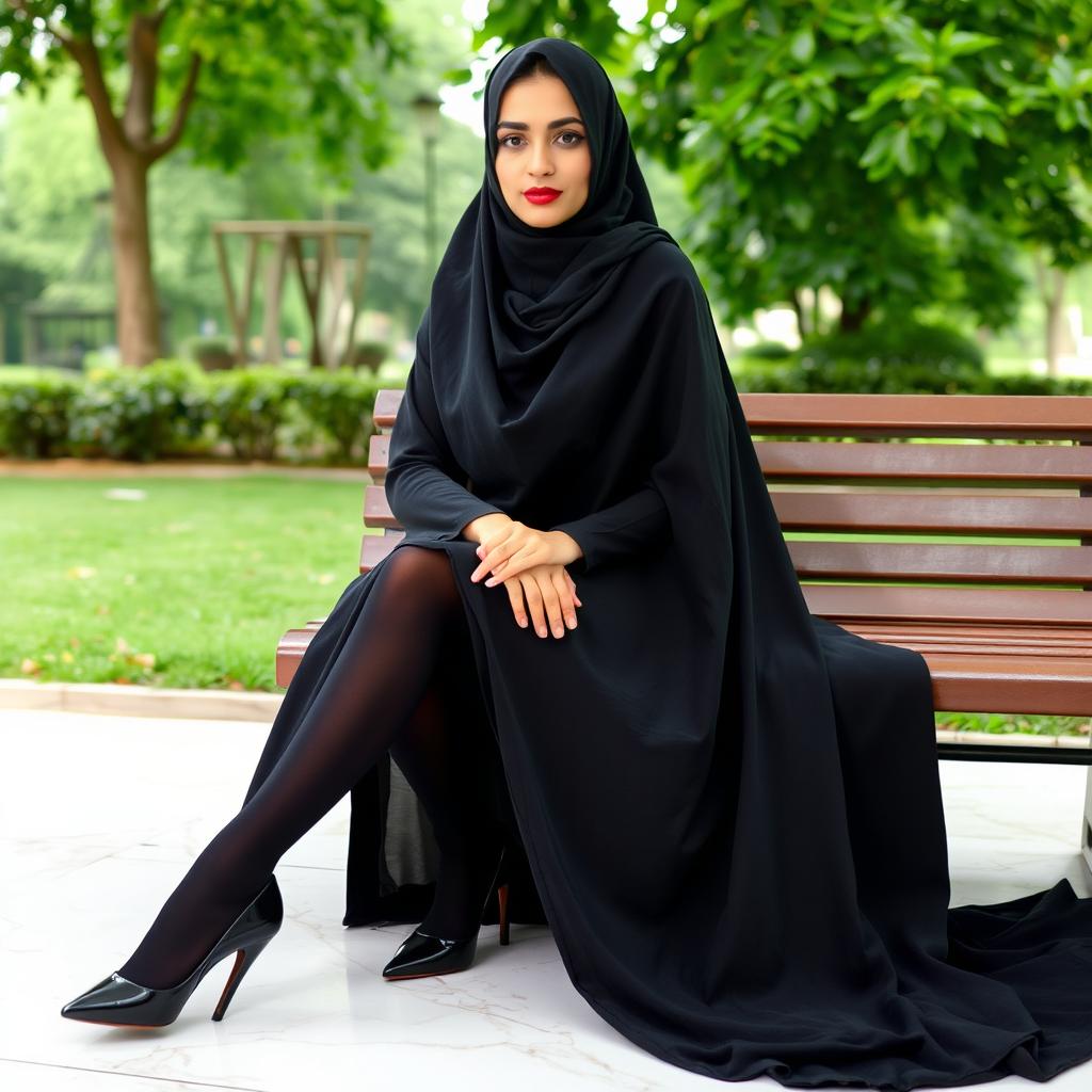 A woman in a black chador that elegantly covers her head and body, paired with chic black tights and high heels