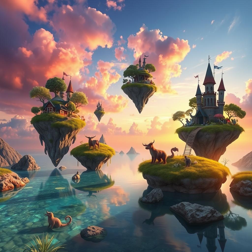 A surreal and imaginative landscape with floating islands in a vibrant sky, featuring colorful clouds in shades of pink, purple, and blue