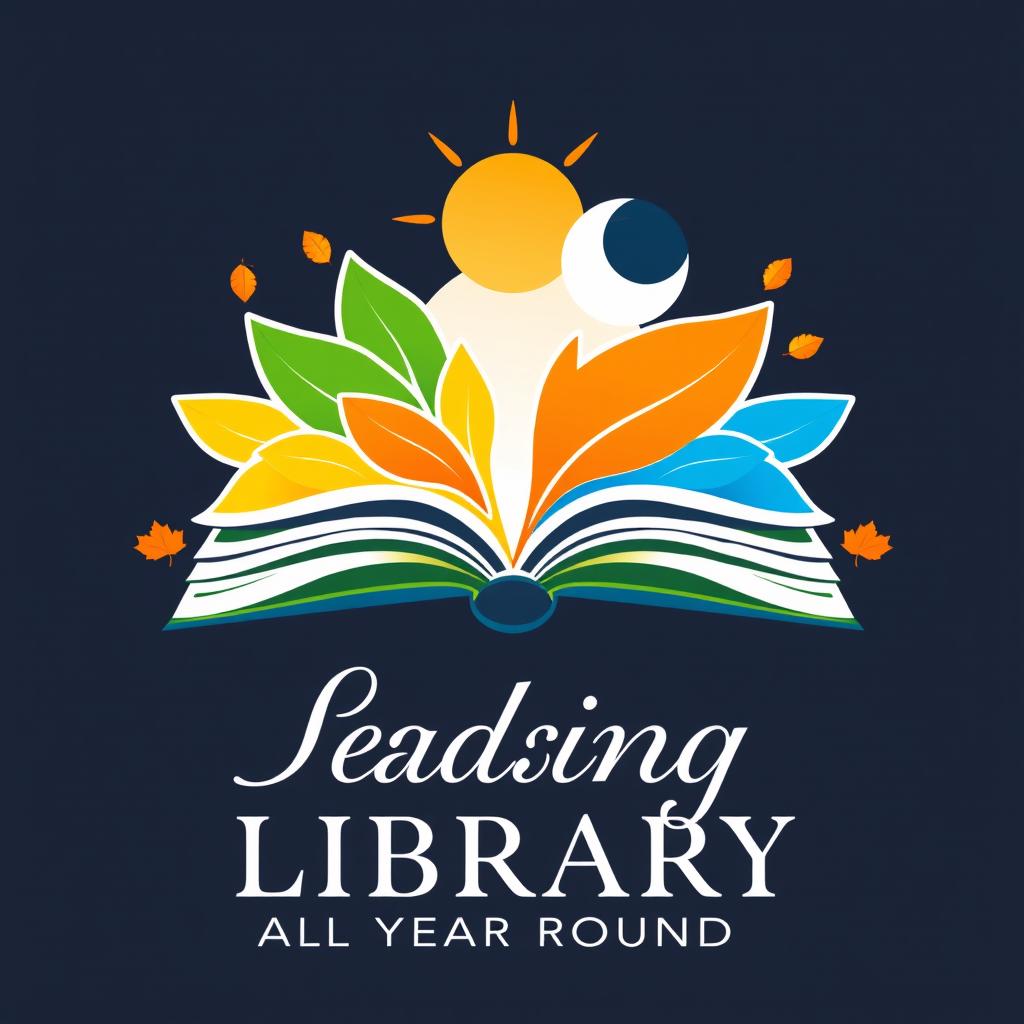 A logo for a library promoting reading all year round, featuring an open book with pages that resemble leaves, symbolizing growth and learning
