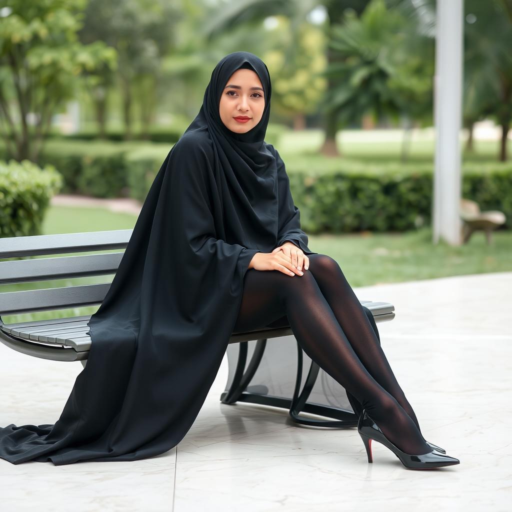 A woman in a black chador that elegantly covers her head and body