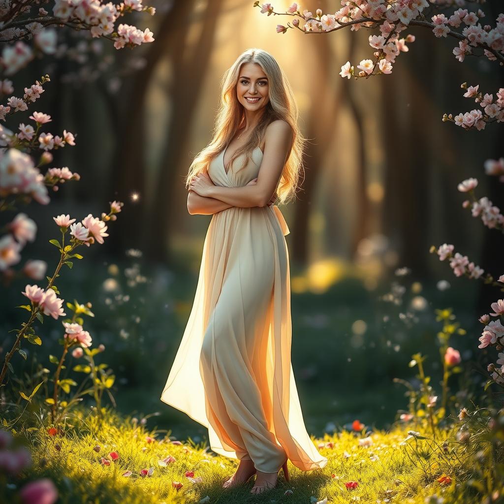 A beautiful, confident woman standing gracefully in an enchanting forest setting, surrounded by blooming flowers and soft rays of sunlight filtering through the trees