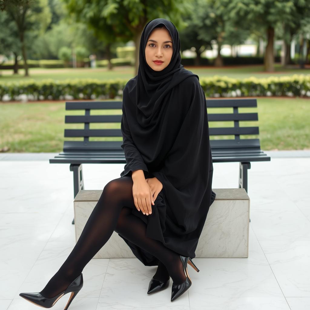 A woman dressed in a black chador that fully covers her head and body, complemented by sleek black tights and stylish black high heels